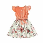 JSCDRPDWL Girls Dresses Girls Dress Summer Children's Dress Western Style Flying Sleeve Stitching Printed Princess Dress Children's Clothing Vestidos Para Niñas Orange 3-4 Years